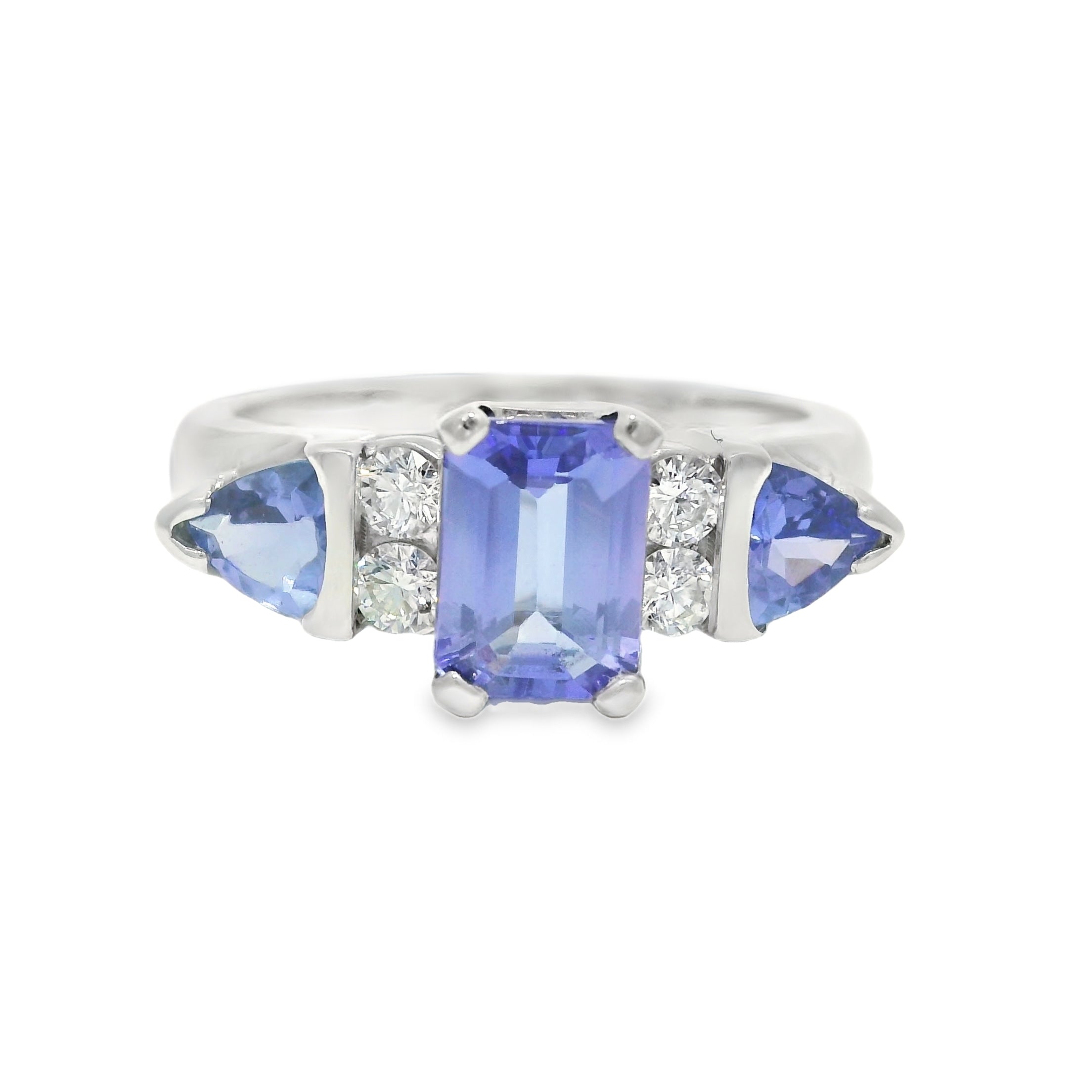 14k White Gold Emerald Cut Tanzanite & Round Brilliant Diamond Ring