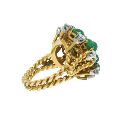 18k Yellow Gold Cabochon Emerald & Diamond Cable Ring