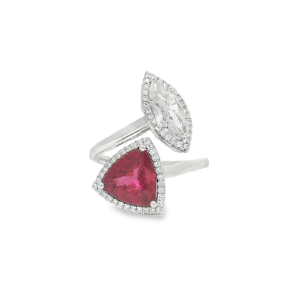18k White Gold Natural Rubellite & Marquise Cut Diamond Bypass Ring