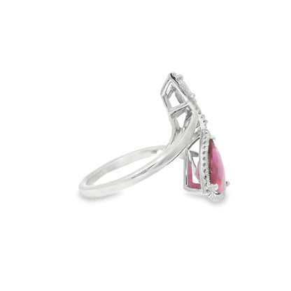 18k White Gold Natural Rubellite & Marquise Cut Diamond Bypass Ring