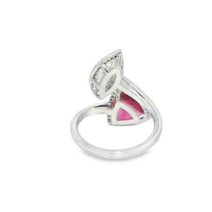 18k White Gold Natural Rubellite & Marquise Cut Diamond Bypass Ring