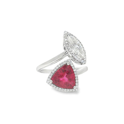 18k White Gold Natural Rubellite & Marquise Cut Diamond Bypass Ring