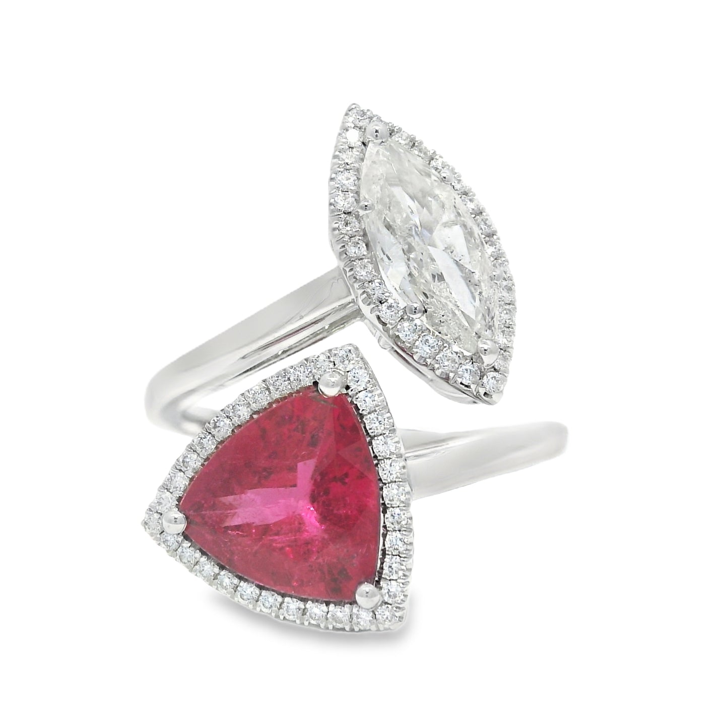 18k White Gold Natural Rubellite & Marquise Cut Diamond Bypass Ring