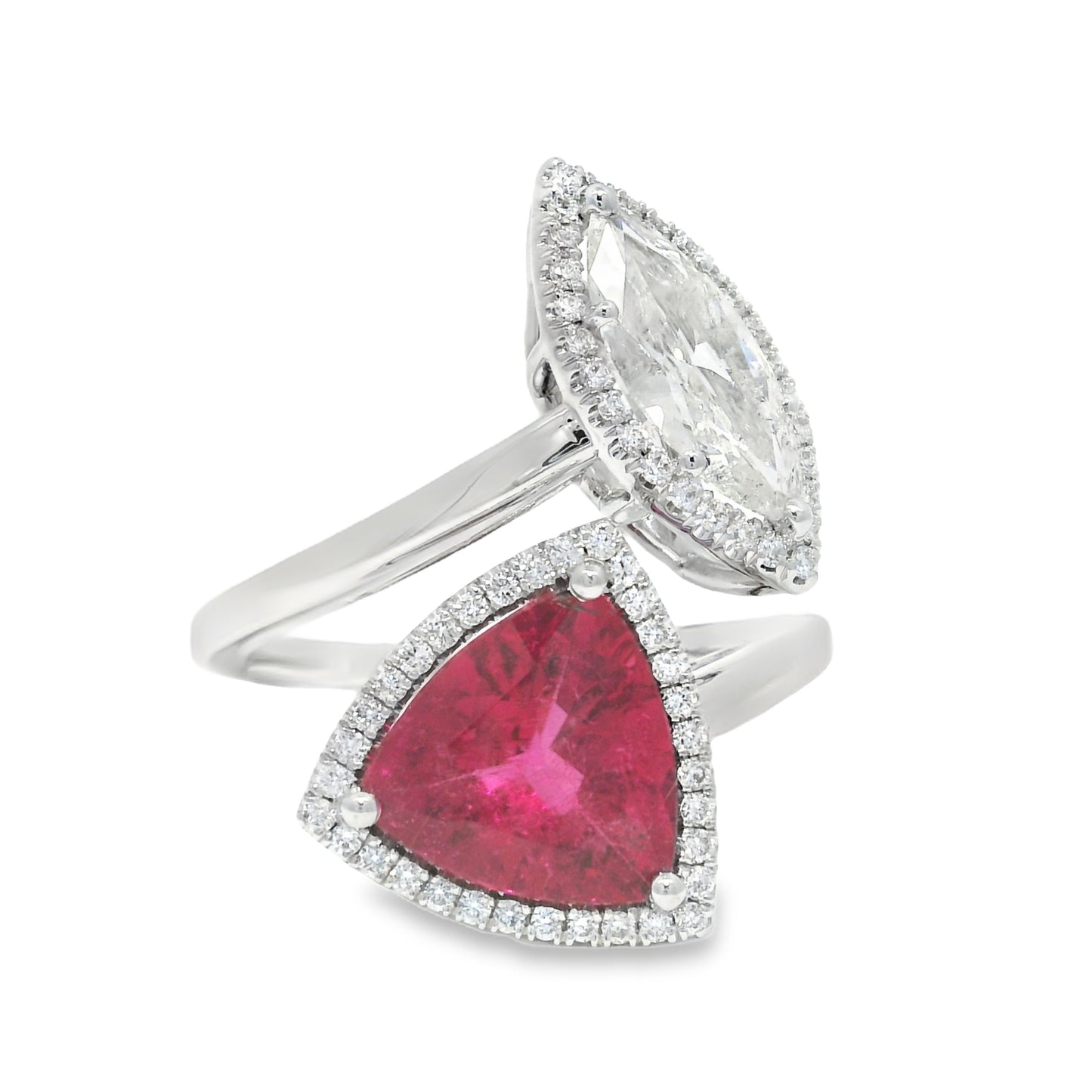 18k White Gold Natural Rubellite & Marquise Cut Diamond Bypass Ring