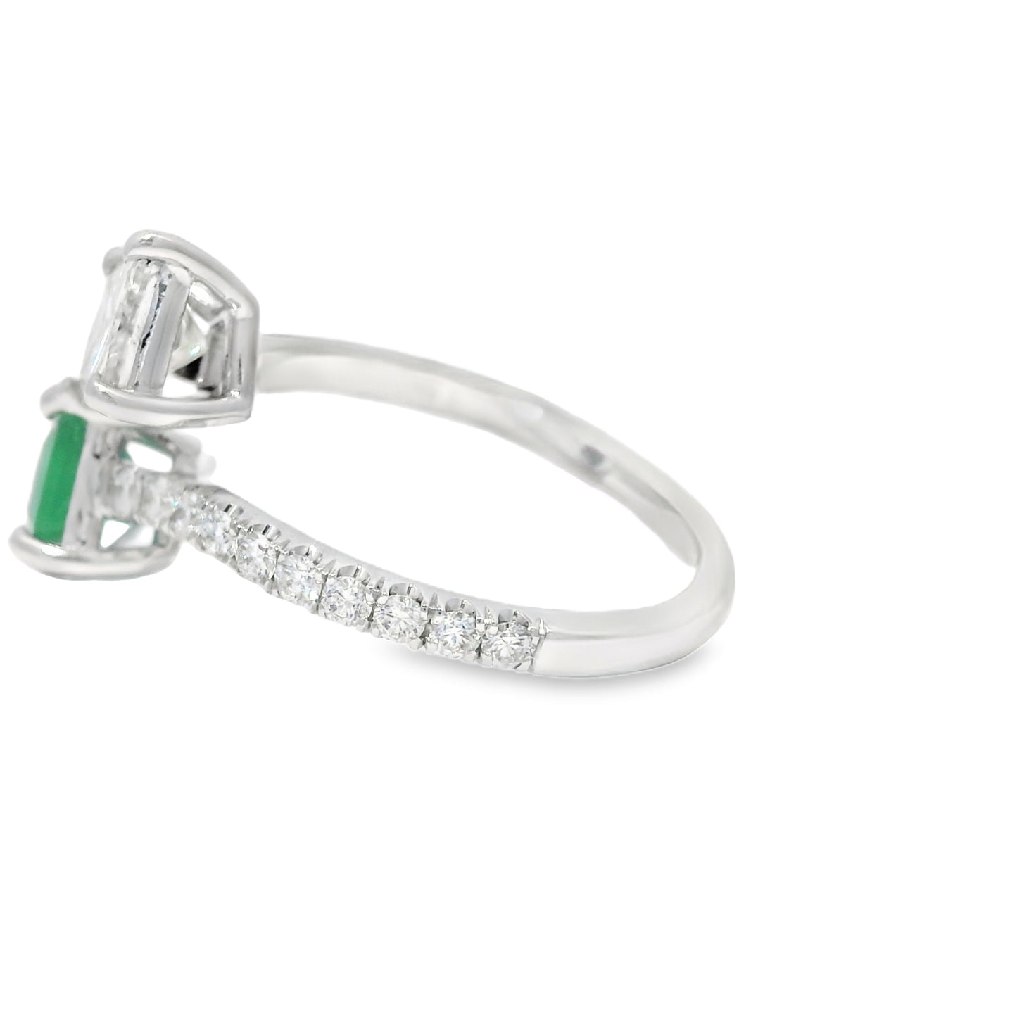 14k White Gold Natural Emerald & Princess Cut Diamond Bypass Ring
