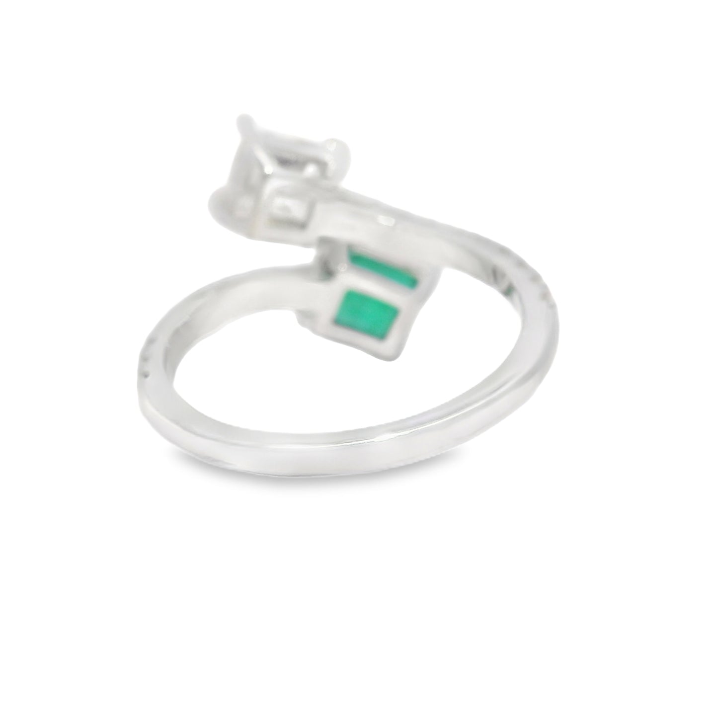 14k White Gold Natural Emerald & Princess Cut Diamond Bypass Ring