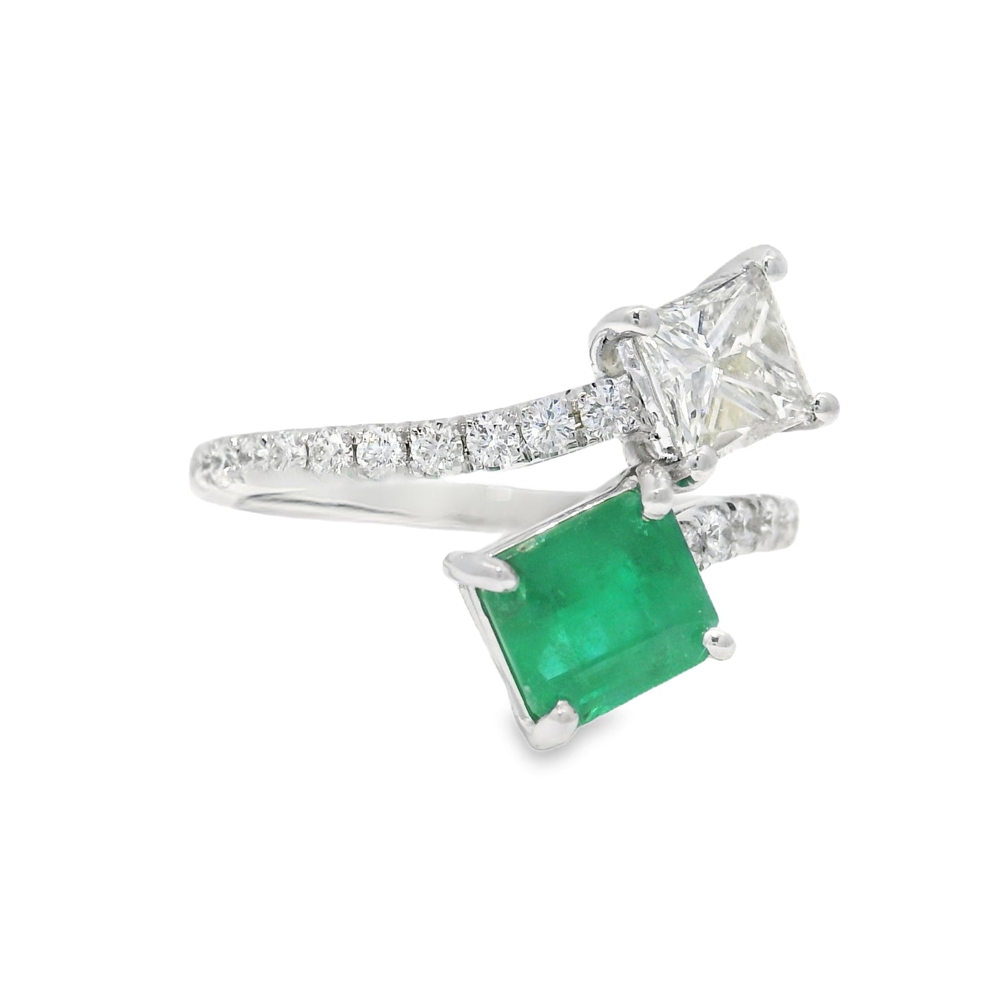 14k White Gold Natural Emerald & Princess Cut Diamond Bypass Ring