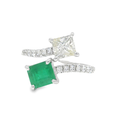 14k White Gold Natural Emerald & Princess Cut Diamond Bypass Ring