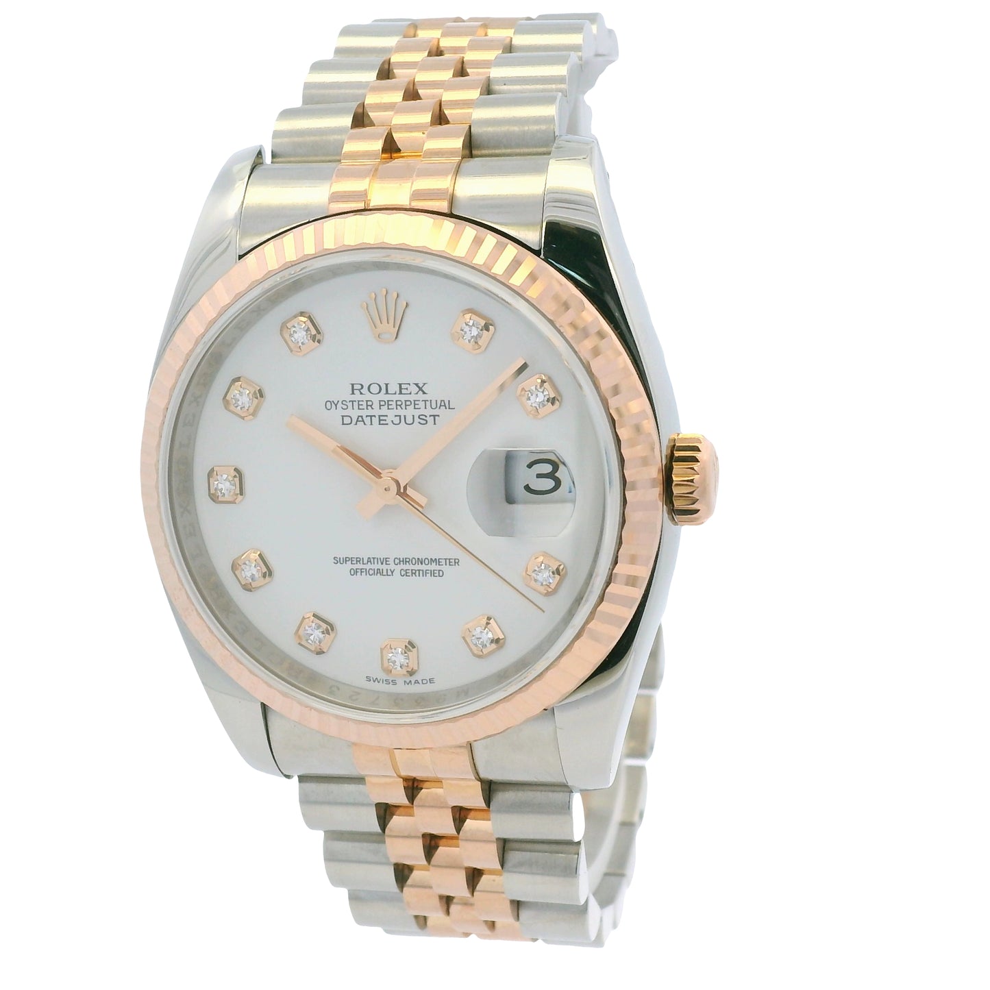 Rolex 116231 Datejust Two-Tone White Diamond Dial Fluted Bezel 36mm Watch