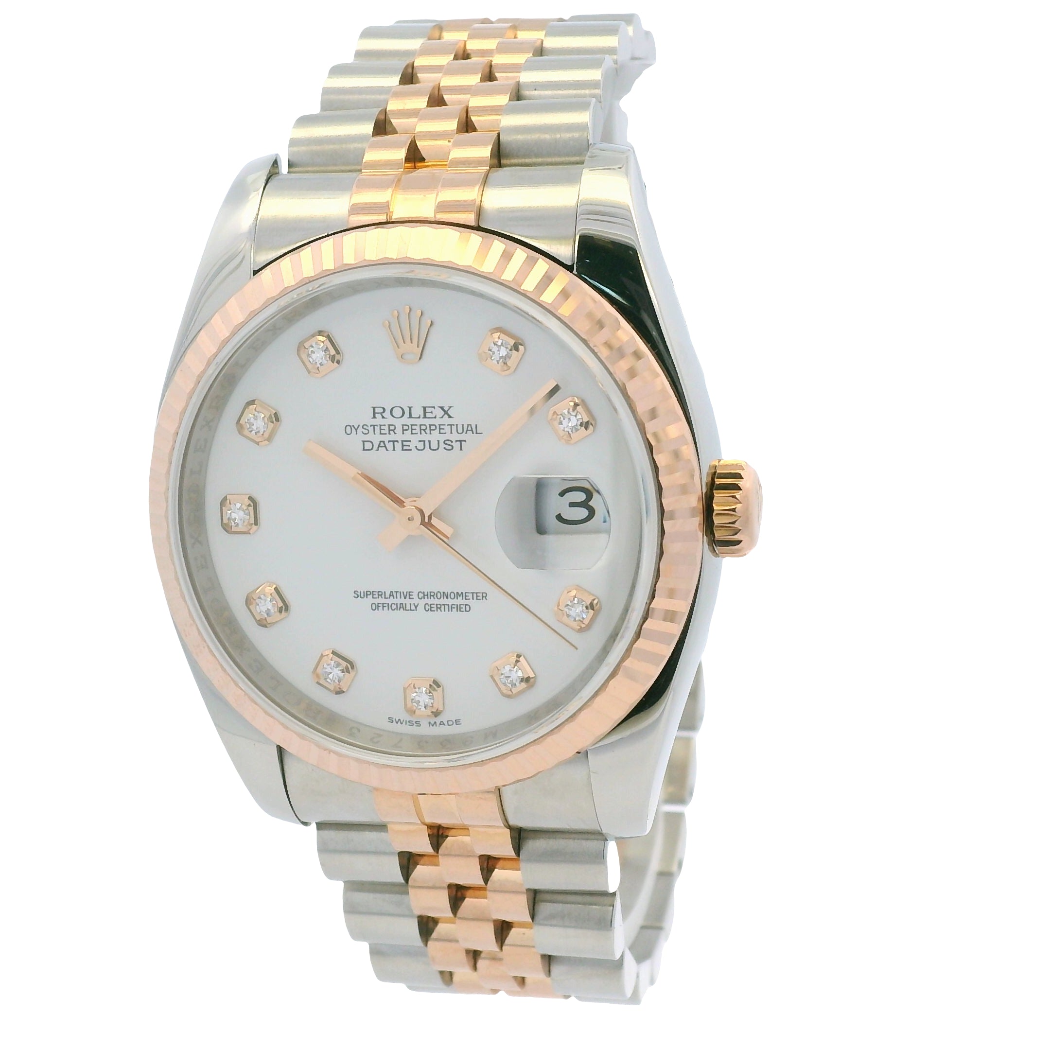 Rolex 116231 Datejust Two-Tone White Diamond Dial Fluted Bezel 36mm Watch