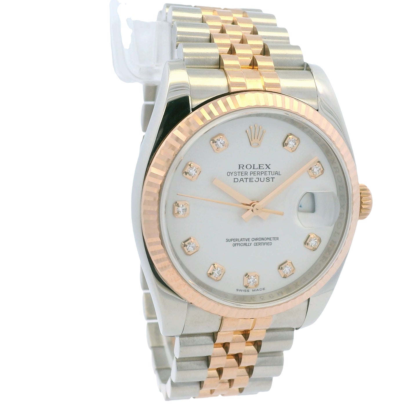 Rolex 116231 Datejust Two-Tone White Diamond Dial Fluted Bezel 36mm Watch