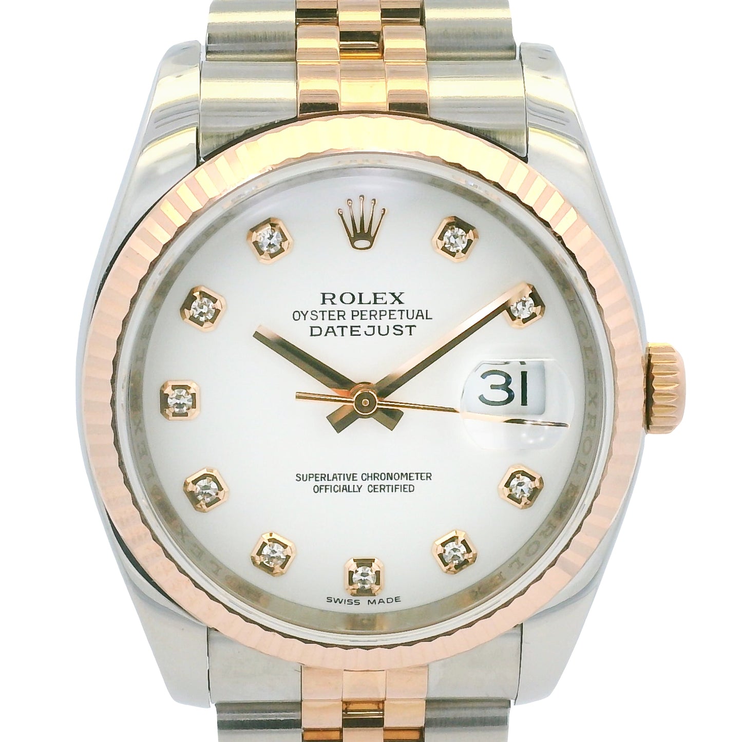 Rolex 116231 Datejust Two-Tone White Diamond Dial Fluted Bezel 36mm Watch