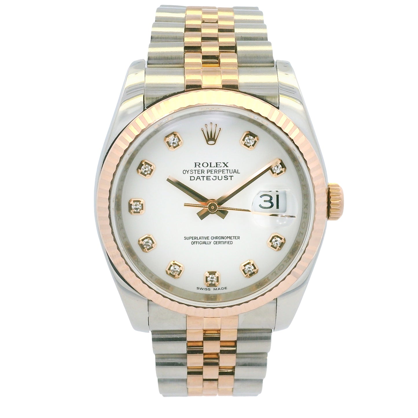 Rolex 116231 Datejust Two-Tone White Diamond Dial Fluted Bezel 36mm Watch
