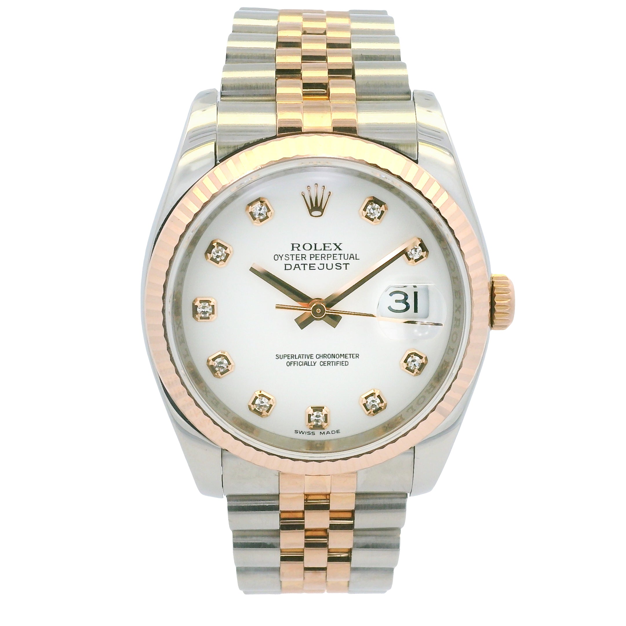 Rolex 116231 Datejust Two-Tone White Diamond Dial Fluted Bezel 36mm Watch