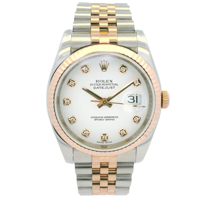 Rolex 116231 Datejust Two-Tone White Diamond Dial Fluted Bezel 36mm Watch