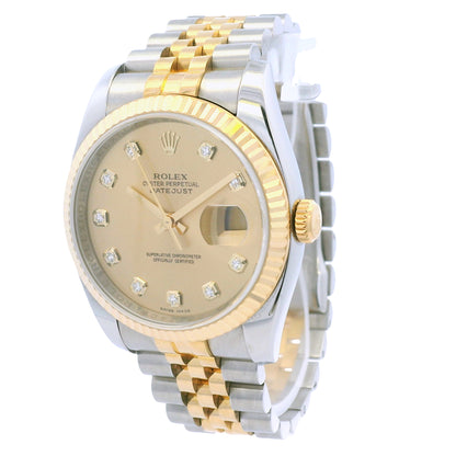 Rolex 116233 Datejust Two-Tone Champagne Diamond Dial Fluted Bezel 36mm Watch