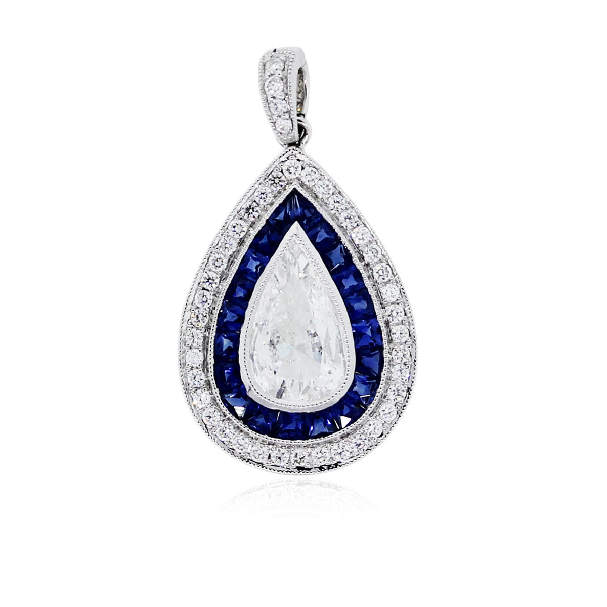 1.04ct Pear Shape Diamond and Sapphire Pendant in Platinum