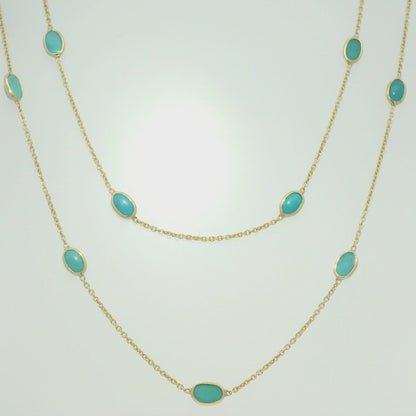 14k Yellow Gold 38" Long Turquoise Bezel Set Station Necklace