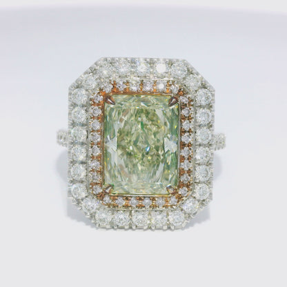 GIA 18k White Gold Natural Green 4.15 Carat Radiant Cut Diamond Double Halo Ring