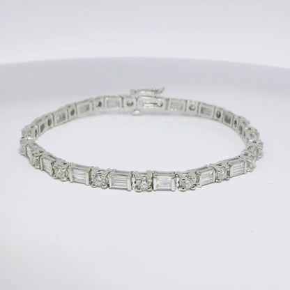 14k White Gold Natural Round Brilliant & Baguette Cut Diamond Tennis Bracelet
