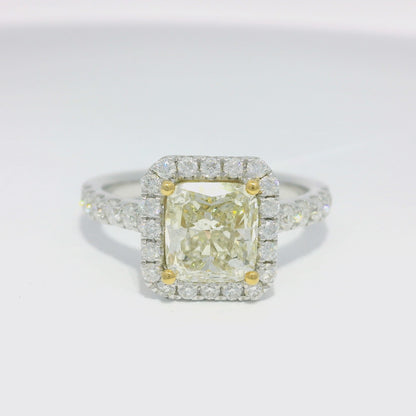 18k White Gold Natural Yellow 1.77 Carat Radiant Cut Diamond Halo Engagement Ring