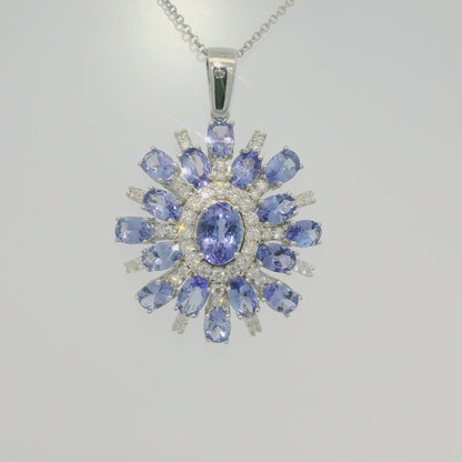 14k White Gold Iolite Gemstone & Diamond Halo Pendant Necklace