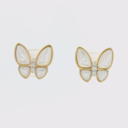 18k Yellow Gold White Mother of Pearl & Diamond Butterfly Stud Earrings
