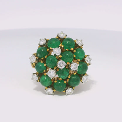 18k Yellow Gold Cabochon Emerald & Diamond Cable Ring