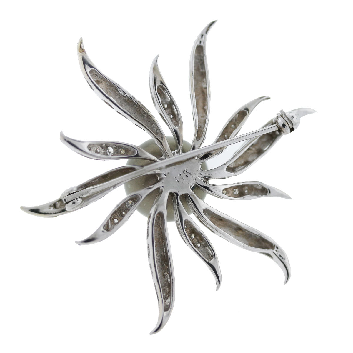 14k Satin Finish White Gold Diamond & Tahitian Pearl Pin